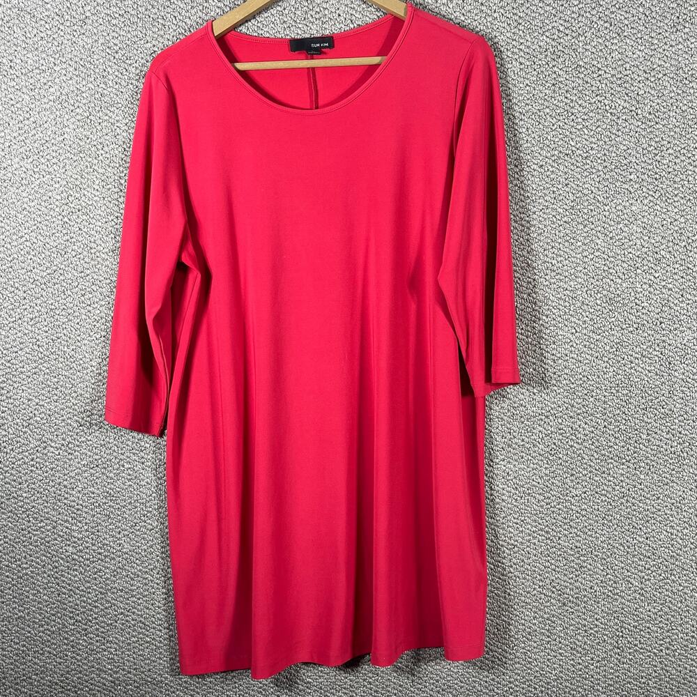 Sun Kim Simple Tunic Top Womens Large Red 3/4 Sleeves Stretch Jersey Relaxed Fit